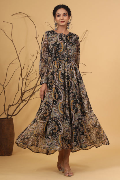 Black Chiffon Printed Flared Dress