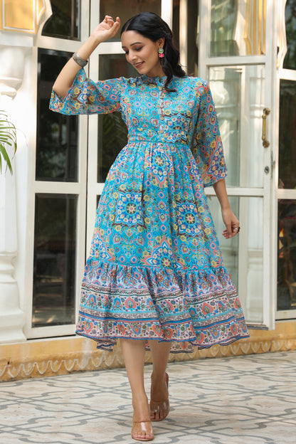 Aqua Chiffon Printed Tiered Dress
