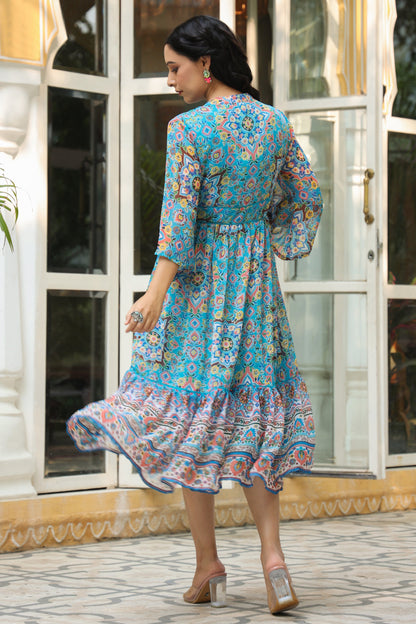 Aqua Chiffon Printed Tiered Dress
