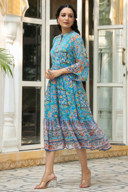 Aqua Chiffon Printed Tiered Dress