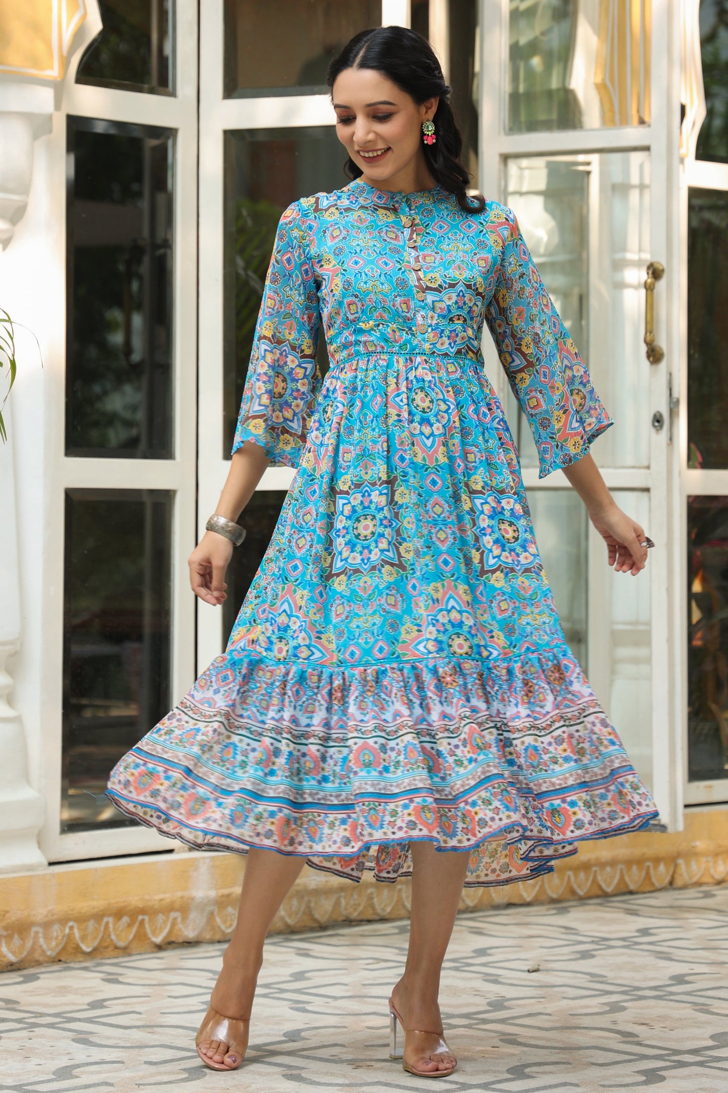 Aqua Chiffon Printed Tiered Dress
