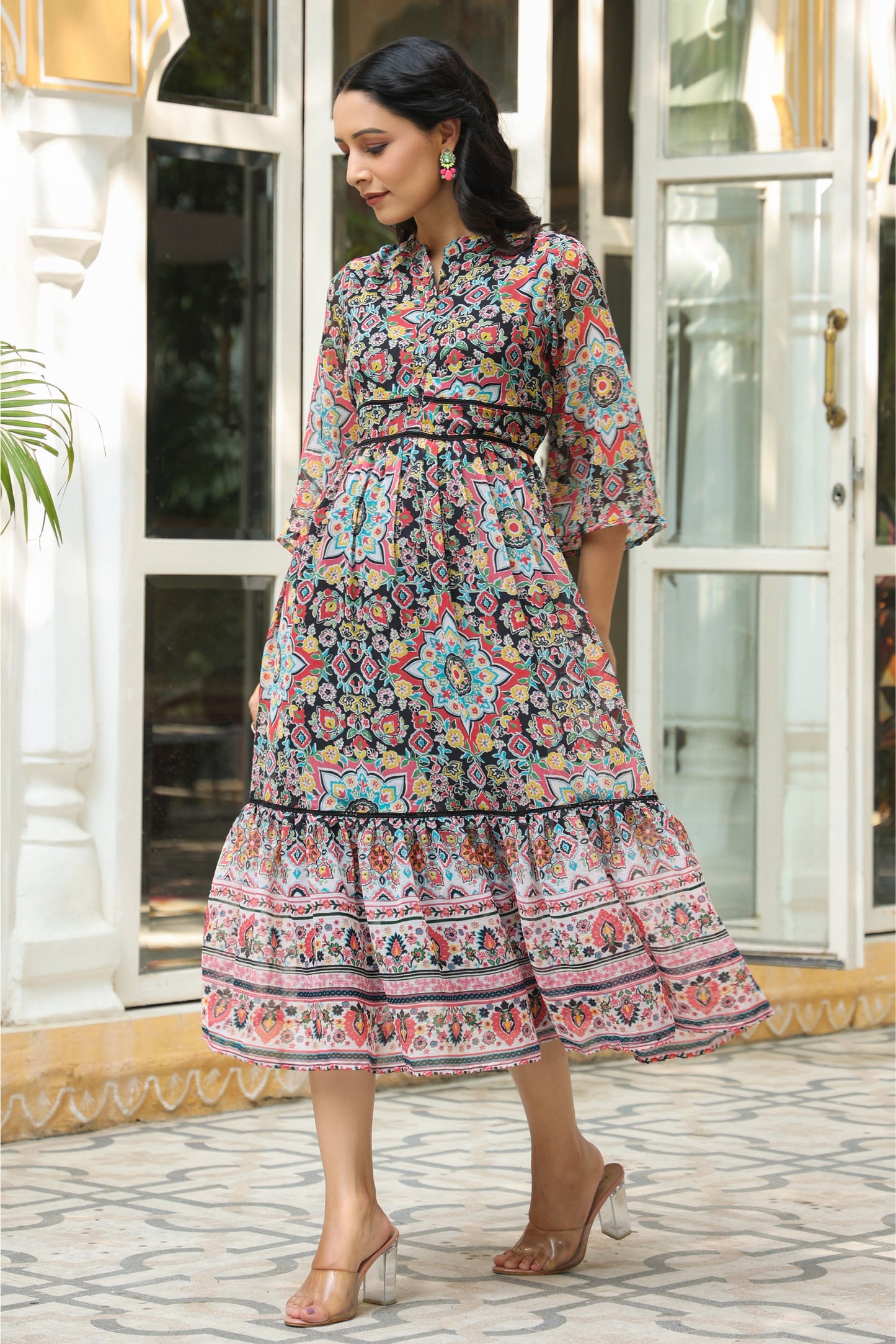 Black Chiffon Printed Tiered Dress