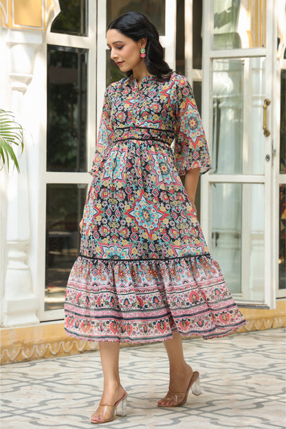 Black Chiffon Printed Tiered Dress