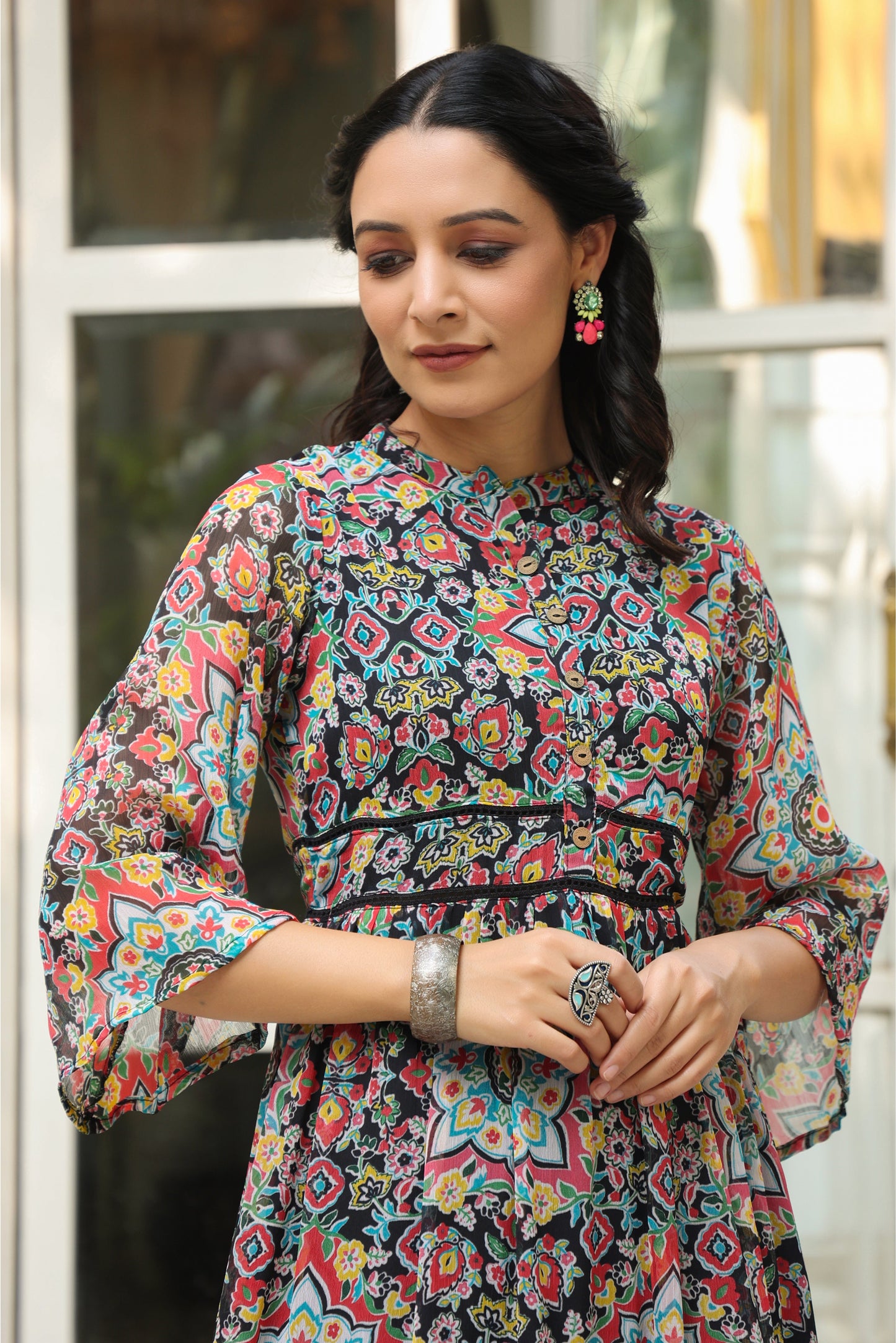 Black Chiffon Printed Tiered Dress