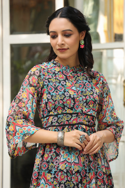 Black Chiffon Printed Tiered Dress