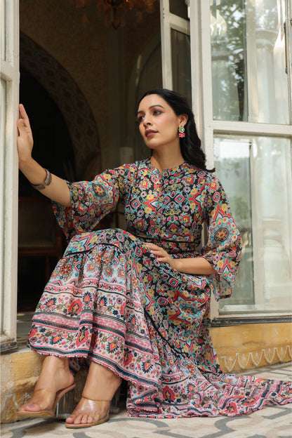 Black Chiffon Printed Tiered Dress