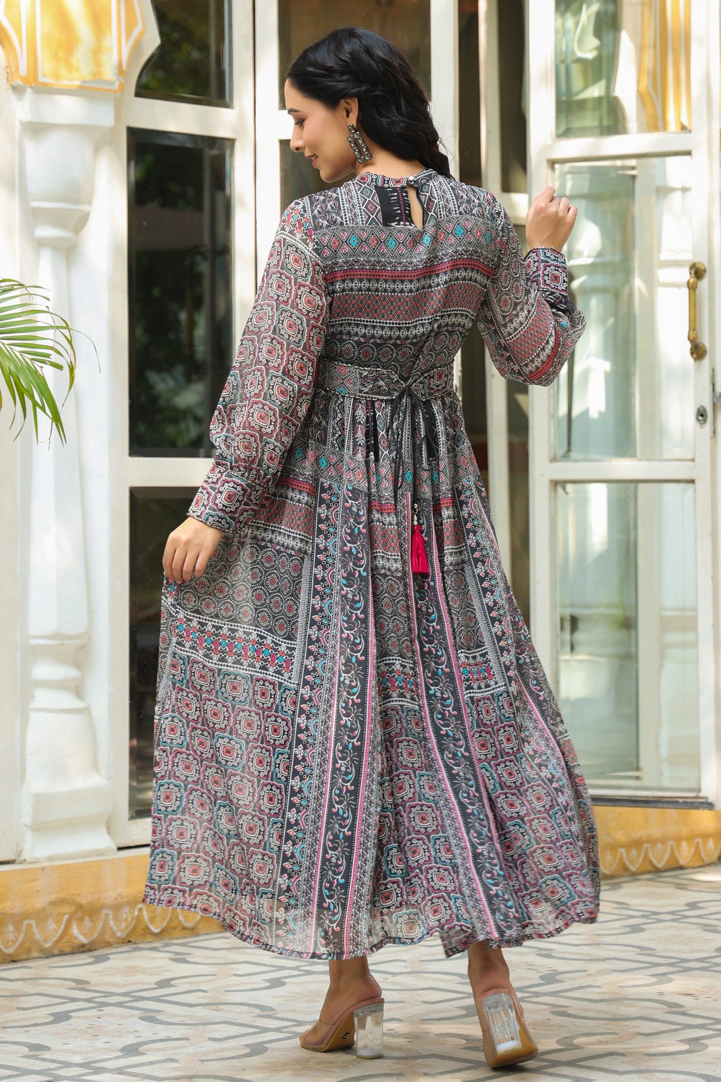 Black Chiffon Printed Flared Dress