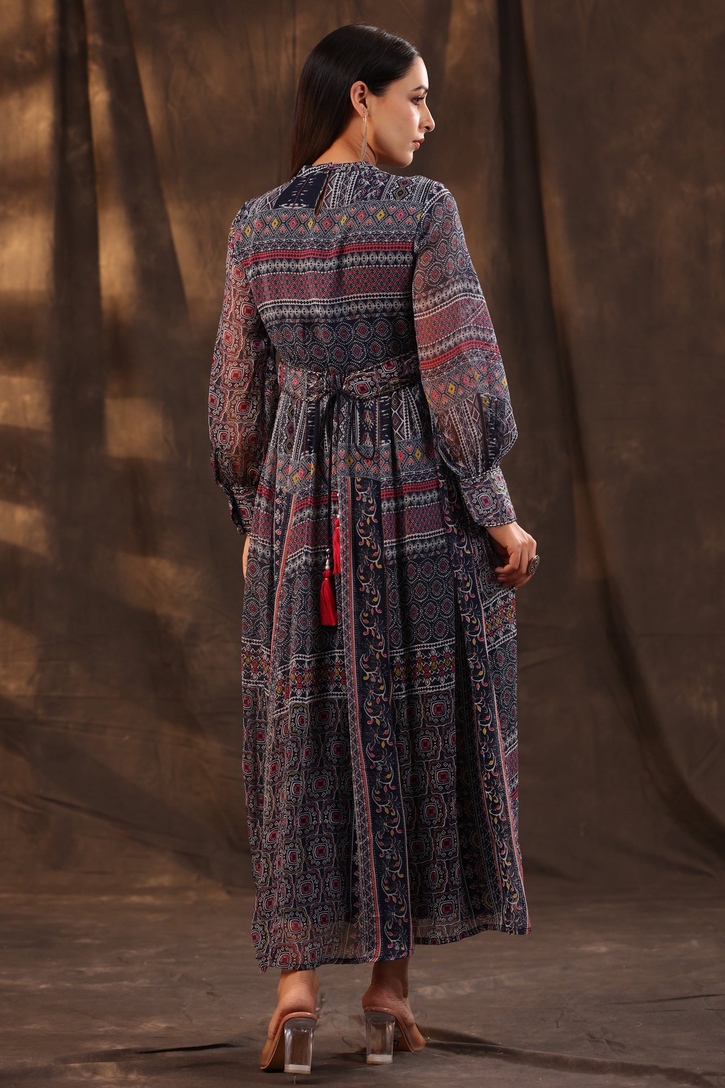 Navy Chiffon Printed Flared Dress