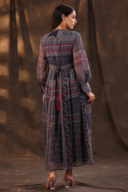 Navy Chiffon Printed Flared Dress