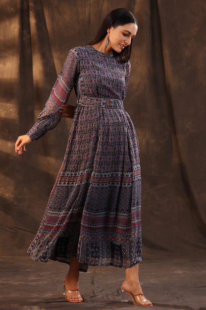 Navy Chiffon Printed Flared Dress