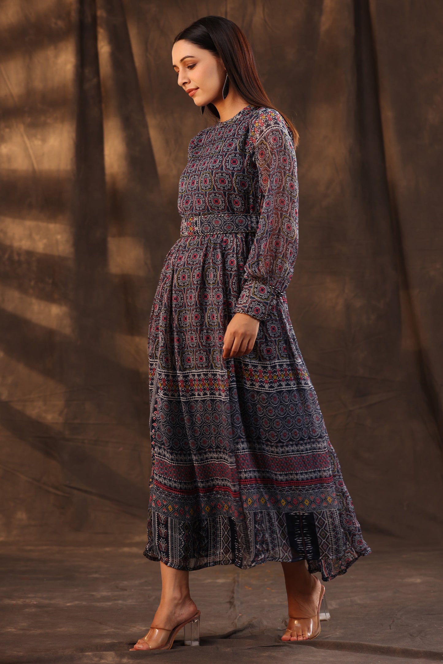 Navy Chiffon Printed Flared Dress