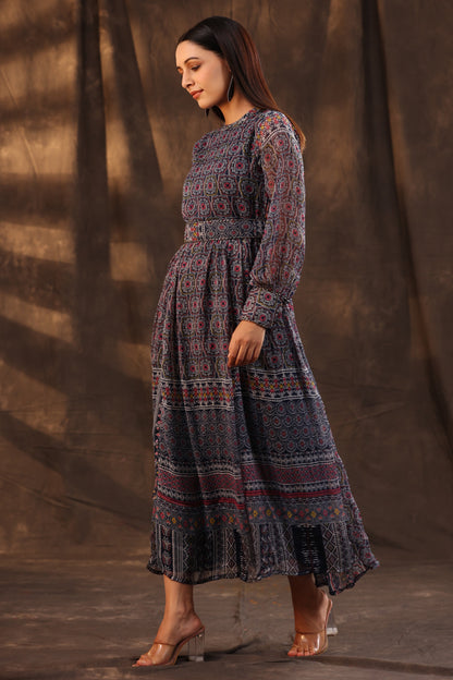 Navy Chiffon Printed Flared Dress