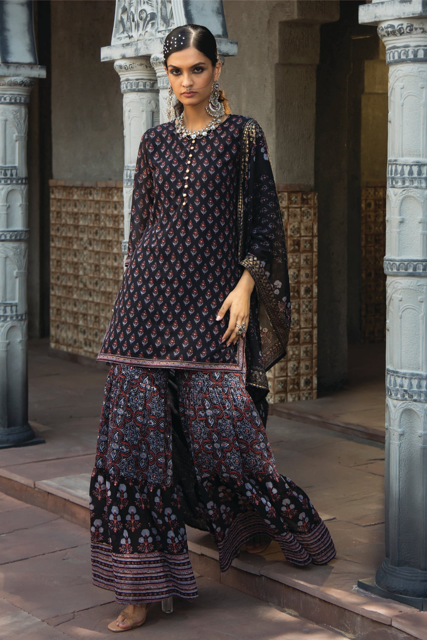 Black Georgette Festive Floral Print Straight Tunic-Sharara With Dupatta