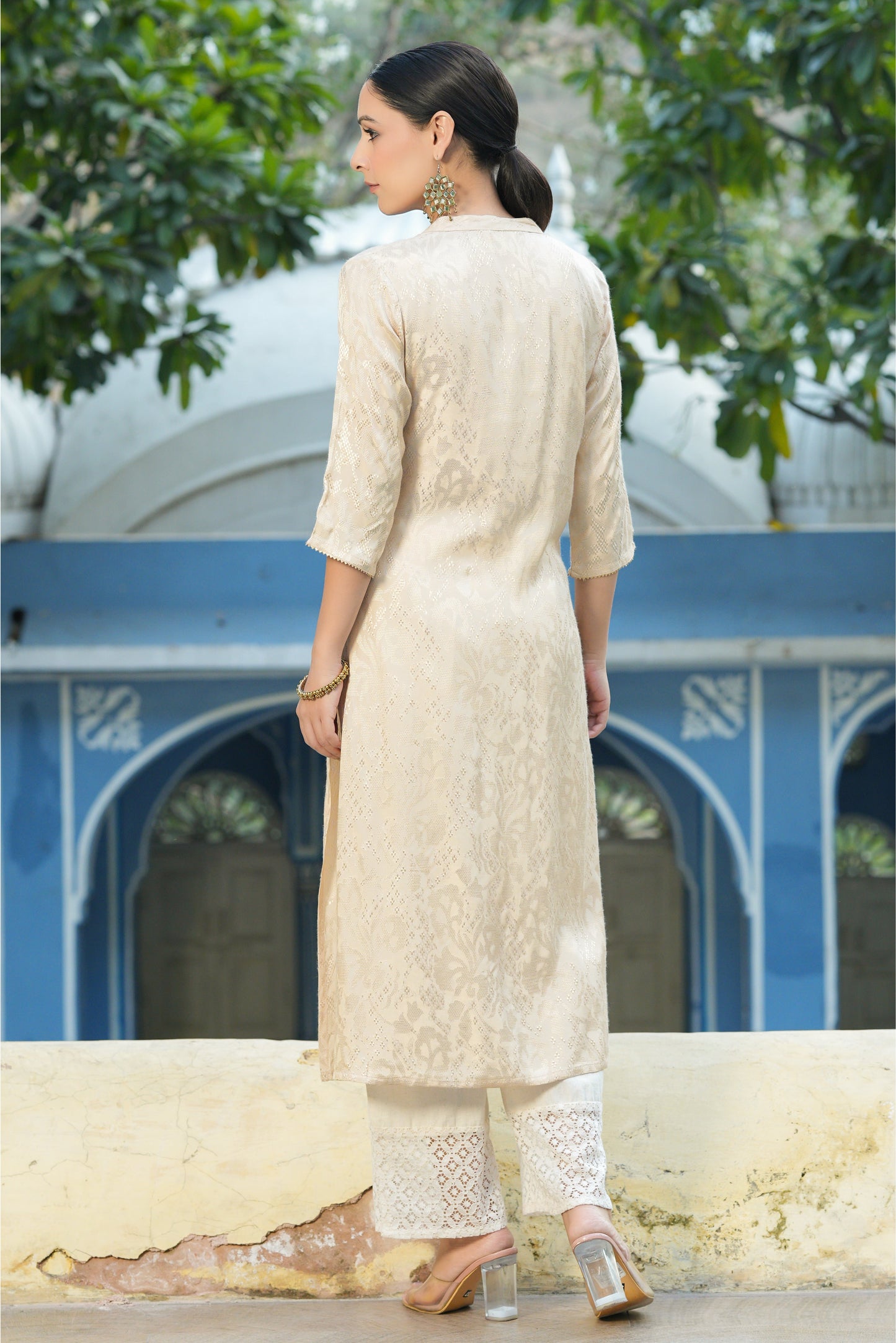Ivory Rayon Jacquard Woven - Jacquard Straight Kurta
