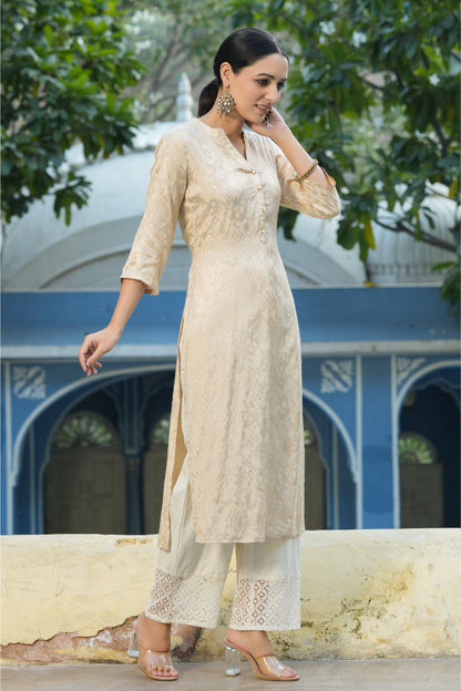 Ivory Rayon Jacquard Woven - Jacquard Straight Kurta