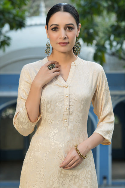 Ivory Rayon Jacquard Woven - Jacquard Straight Kurta