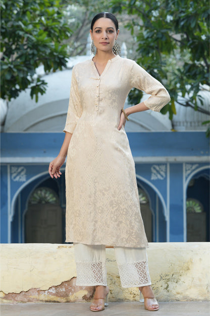 Ivory Rayon Jacquard Woven - Jacquard Straight Kurta