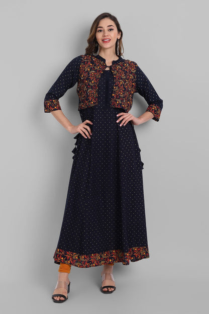 Navy Rayon Printed Flared Dress