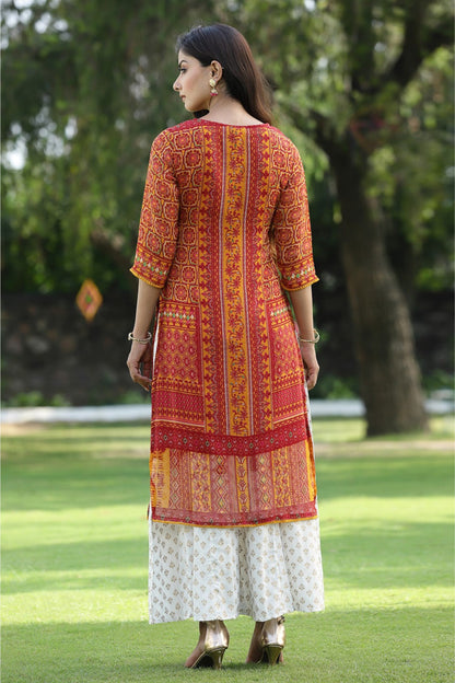 Mustard Chiffon Printed Straight Kurta