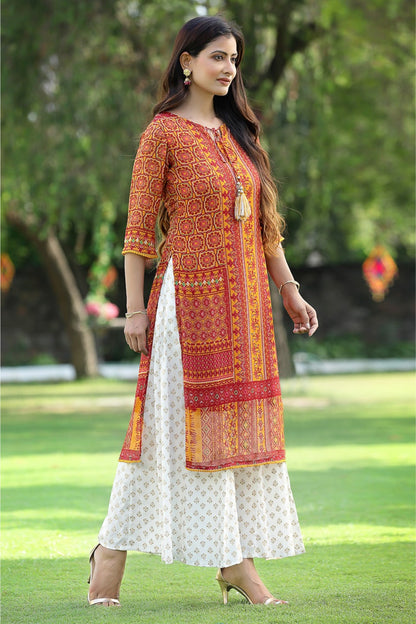 Mustard Chiffon Printed Straight Kurta