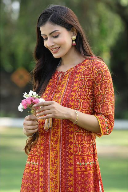 Mustard Chiffon Printed Straight Kurta