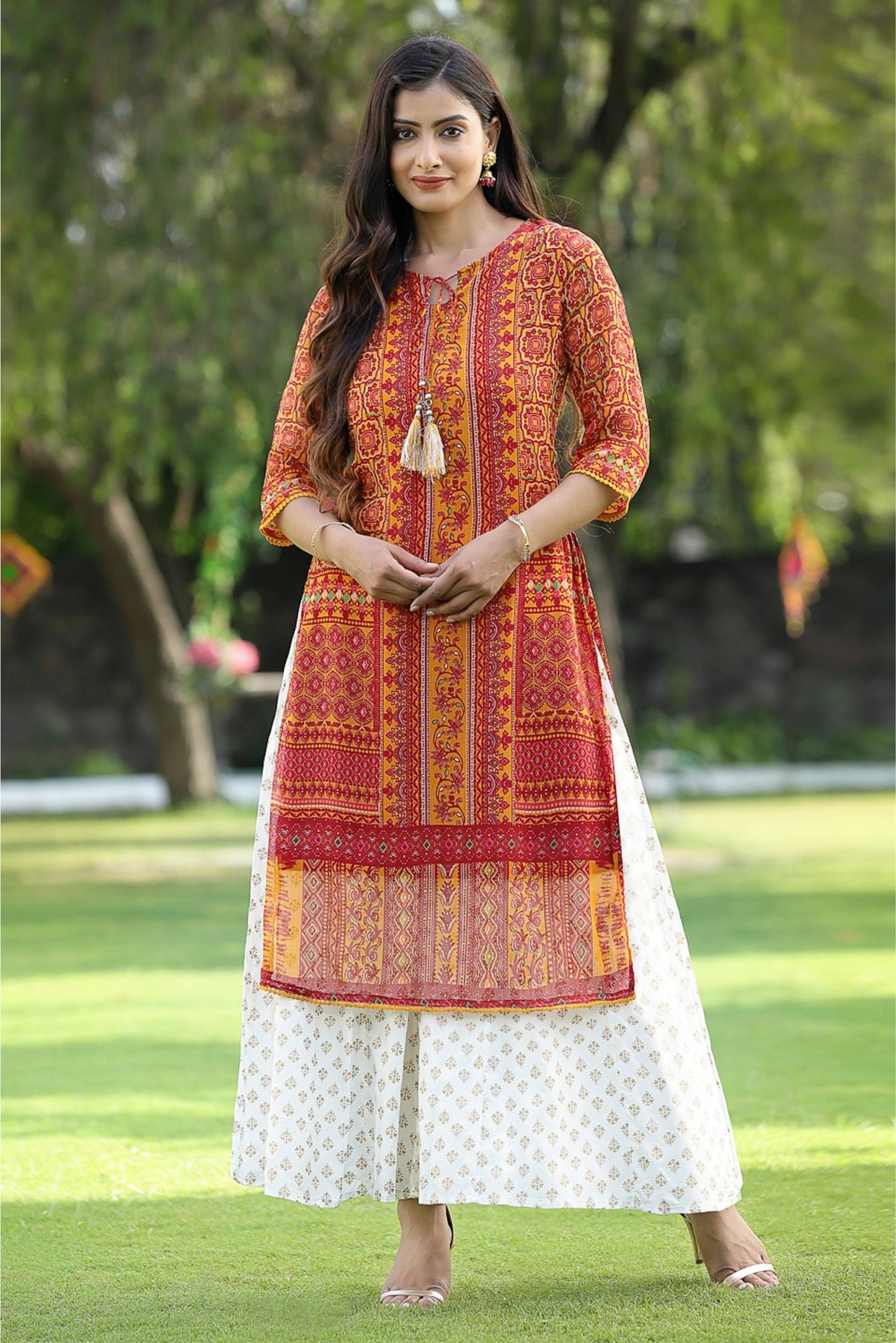 Mustard Chiffon Printed Straight Kurta