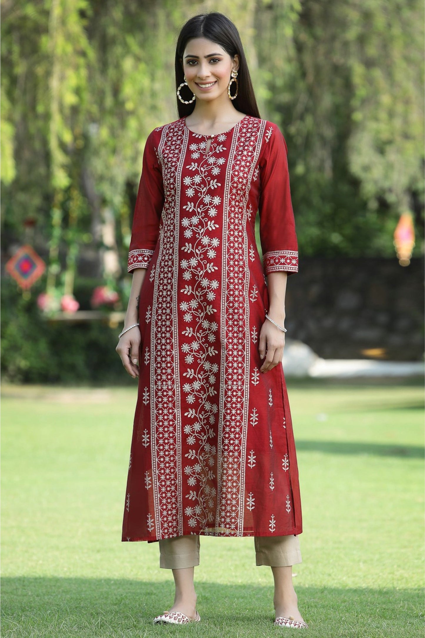 Maroon Modal Chanderi Printed Straight Kurta