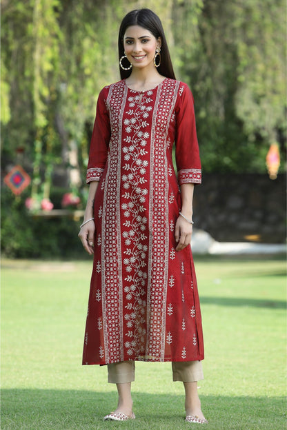 Maroon Modal Chanderi Printed Straight Kurta