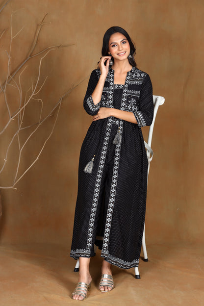 Black Rayon Printed Jacket Style Kurta Sets