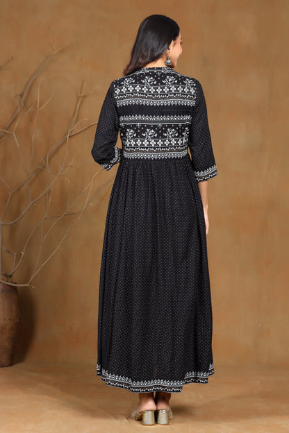 Black Rayon Printed Jacket Style Kurta Sets