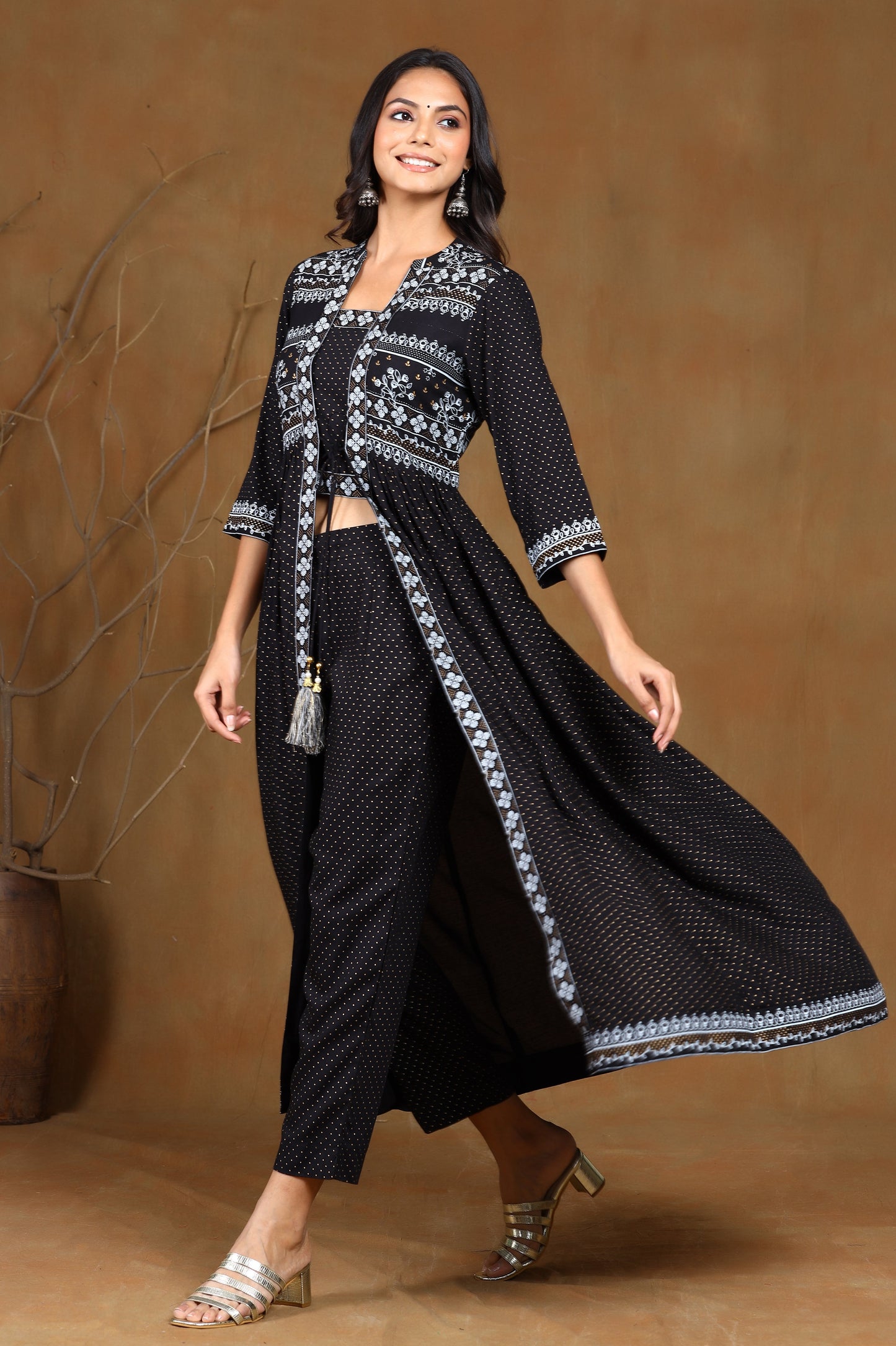 Black Rayon Printed Jacket Style Kurta Sets
