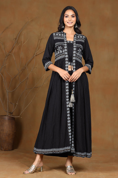 Black Rayon Printed Jacket Style Kurta Sets