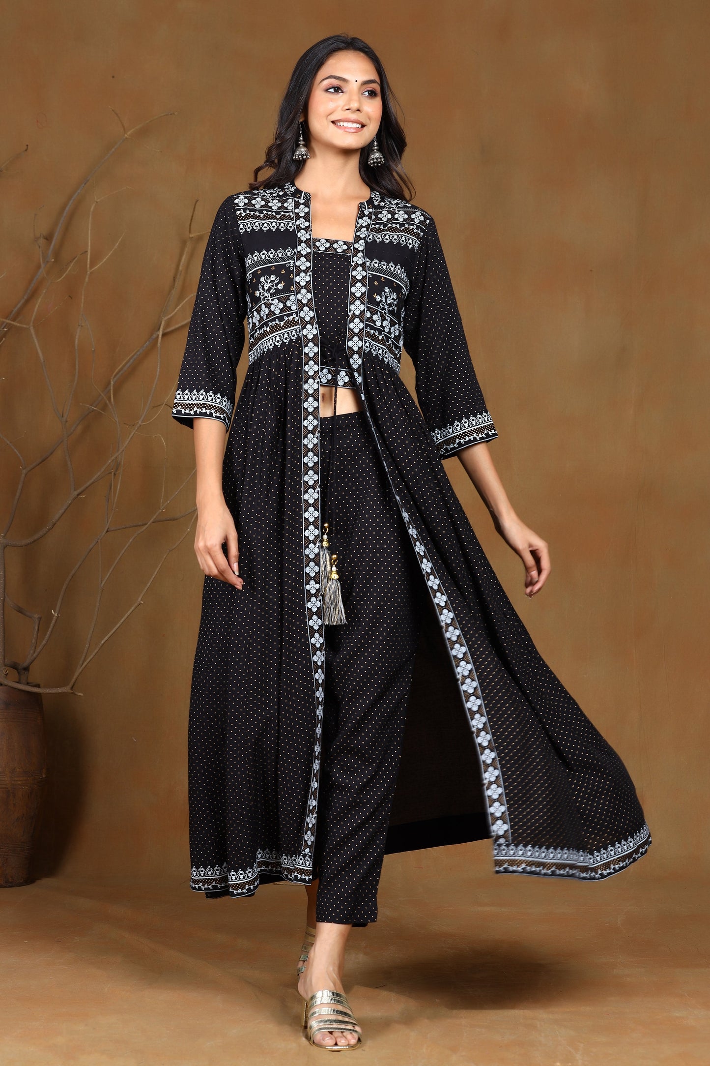 Black Rayon Printed Jacket Style Kurta Sets