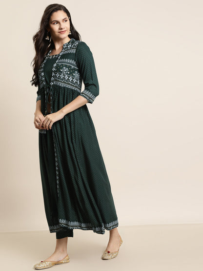 Jadegreen Rayon Printed Jacket Style Kurta Sets
