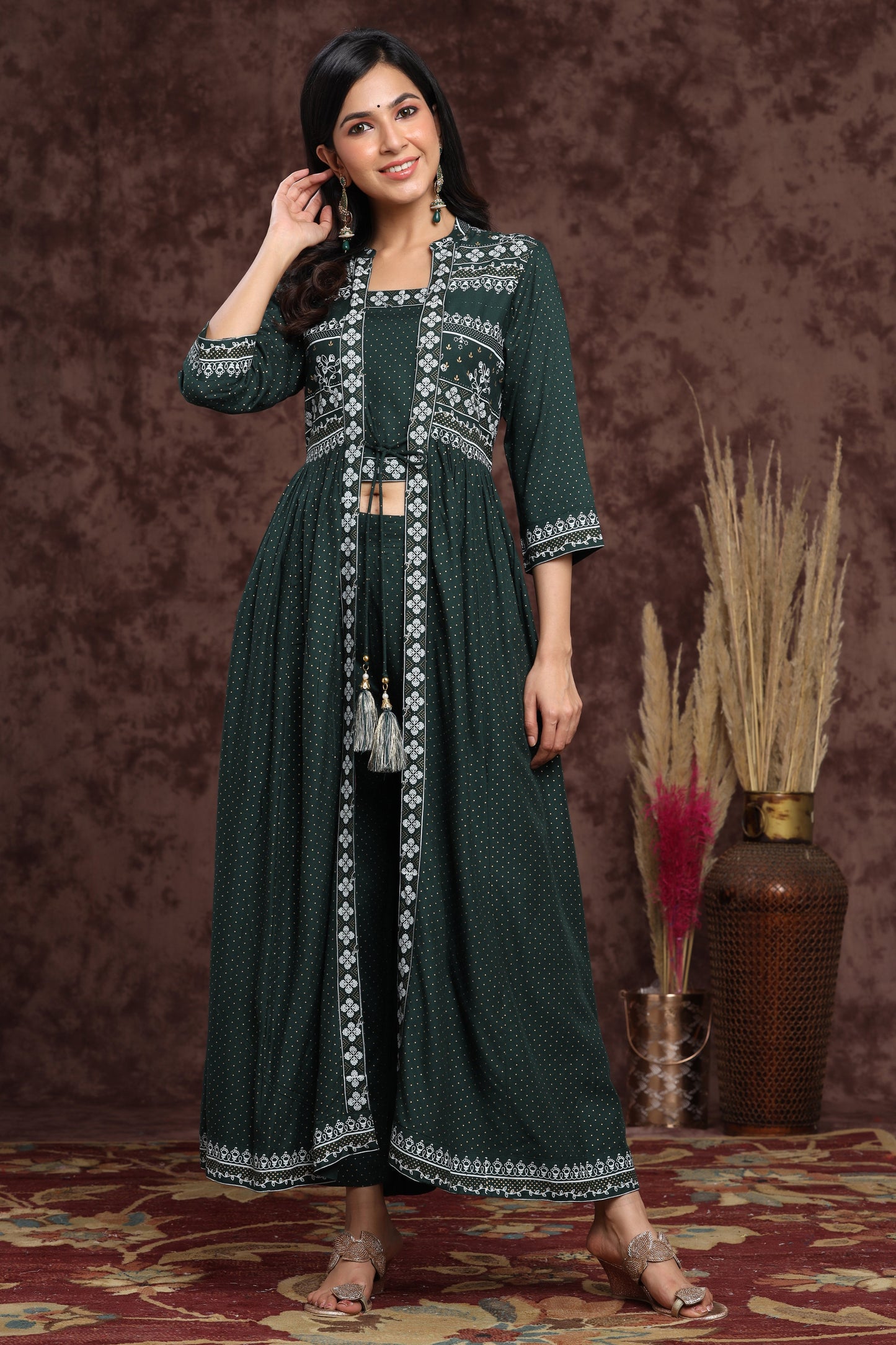 Jadegreen Rayon Printed Jacket Style Kurta Sets