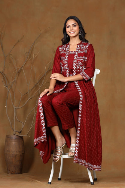 Maroon Rayon Printed Jacket Style Kurta Sets