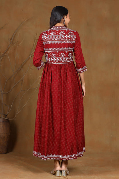 Maroon Rayon Printed Jacket Style Kurta Sets