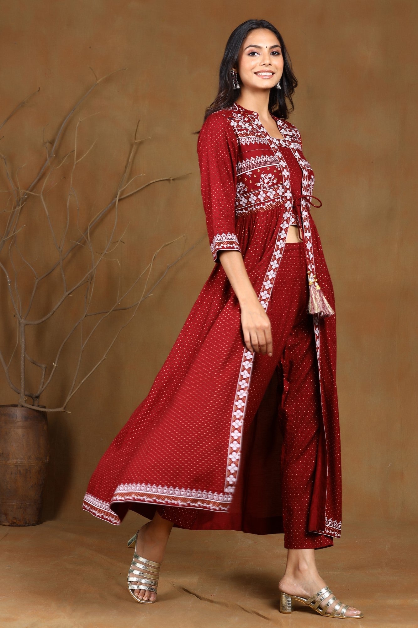 Maroon Rayon Printed Jacket Style Kurta Sets