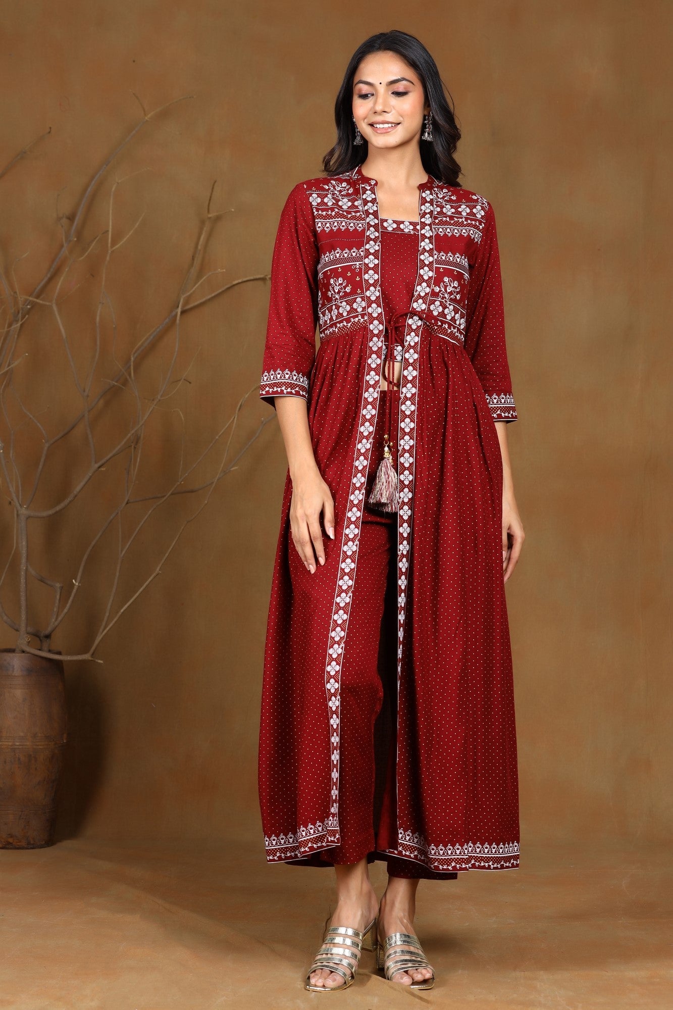 Maroon Rayon Printed Jacket Style Kurta Sets