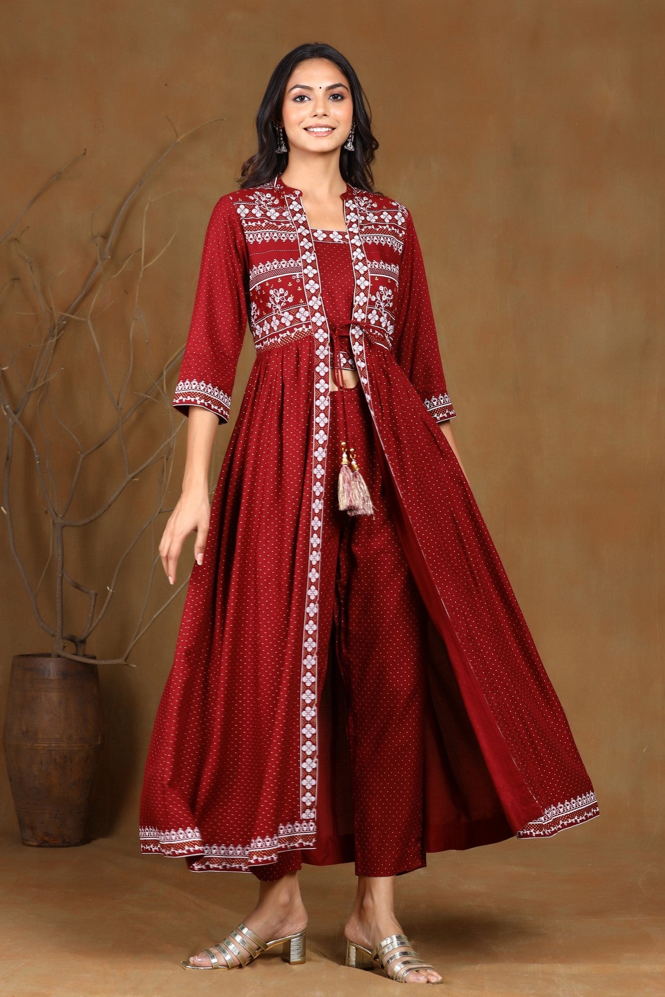 Maroon Rayon Printed Jacket Style Kurta Sets