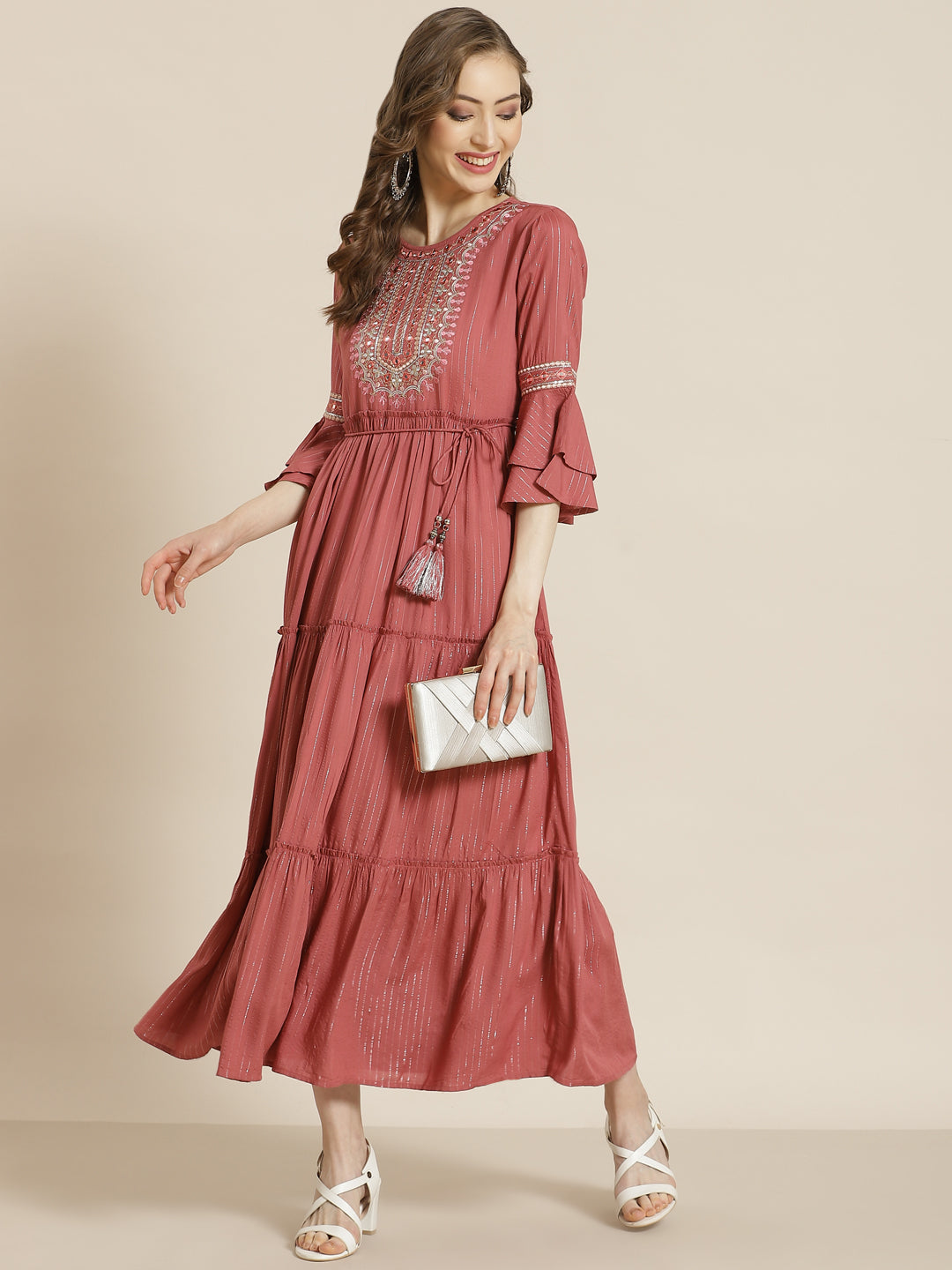 Rosepink Rayon Lurex Embroidered Tiered Dress