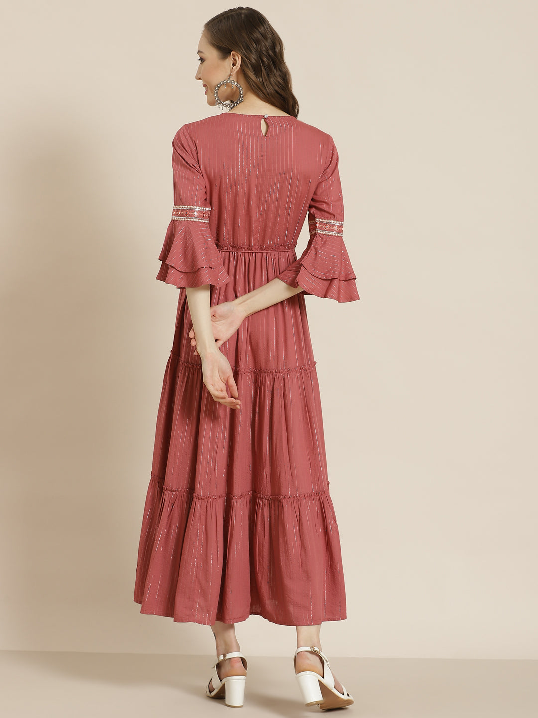 Rosepink Rayon Lurex Embroidered Tiered Dress