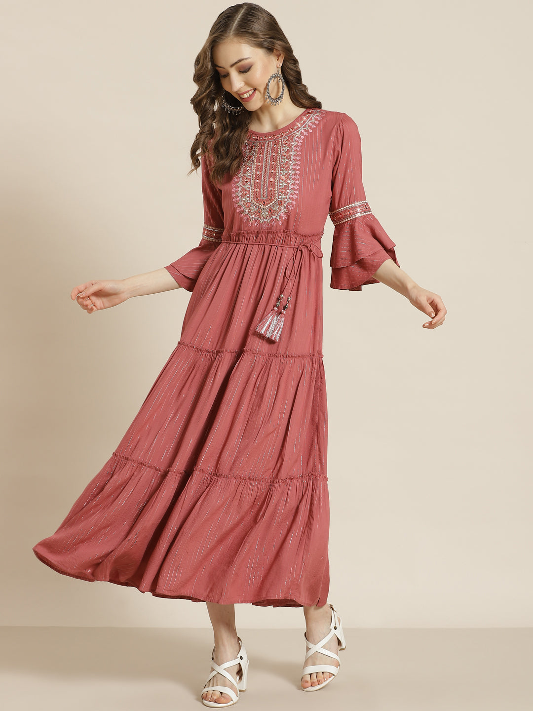 Rosepink Rayon Lurex Embroidered Tiered Dress