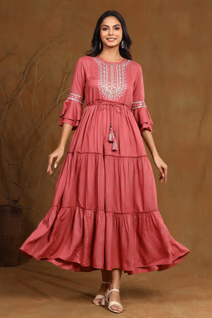 Rosepink Rayon Lurex Embroidered Tiered Dress