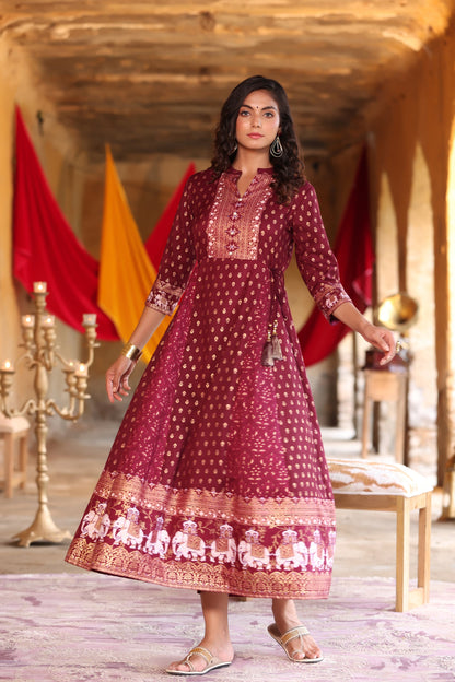 Wine Rayon Printed Anarkali Dress
