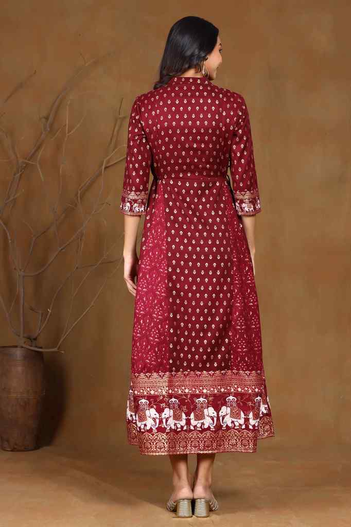 Wine Rayon Printed Anarkali Dress