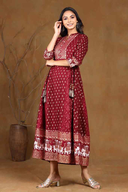 Wine Rayon Printed Anarkali Dress