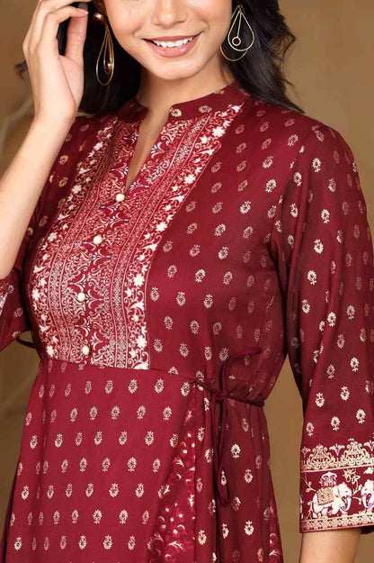 Wine Rayon Printed Anarkali Dress