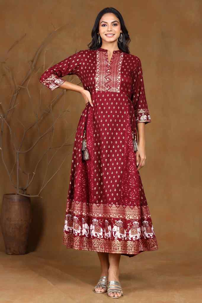 Wine Rayon Printed Anarkali Dress