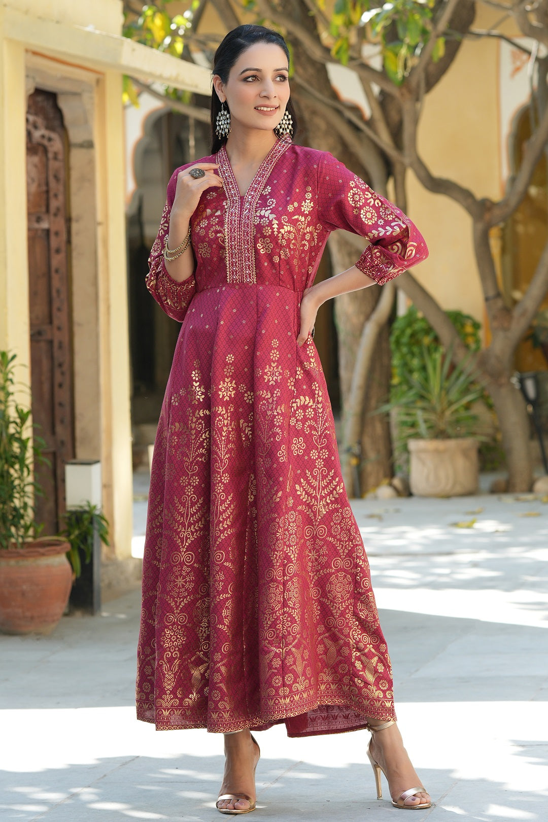 Maroon Rayon Printed Anarkali Dress